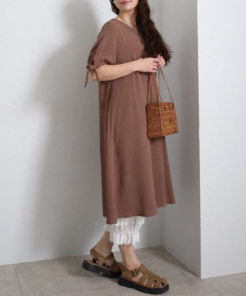 袖リボン キーネック ワンピース 半袖 ゆったり Aライン 体型カバー 膝下丈