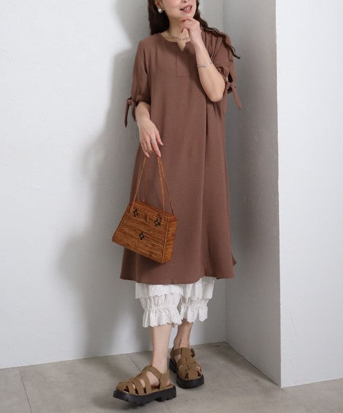 袖リボン キーネック ワンピース 半袖 ゆったり Aライン 体型カバー 膝下丈