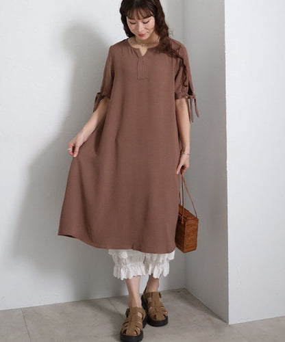 袖リボン キーネック ワンピース 半袖 ゆったり Aライン 体型カバー 膝下丈