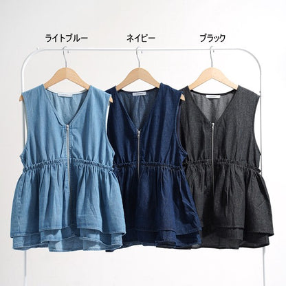 ベスト デニム レイヤード ジップ ギャザー フレア 重ね着 ゆったり 秋 M レディース
