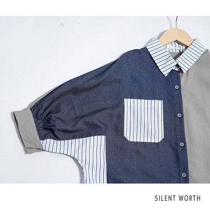 ブロッキング シャツ ワンピース 異素材 切替 ストライプ 羽織り ゆったり 秋 M