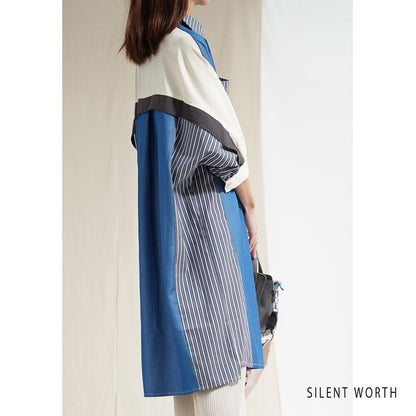 ブロッキング シャツ ワンピース 異素材 切替 ストライプ 羽織り ゆったり 秋 M