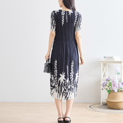 シック フローラル プリーツ ワンピース 半袖 花柄 総プリーツ 伸縮 ゆったり