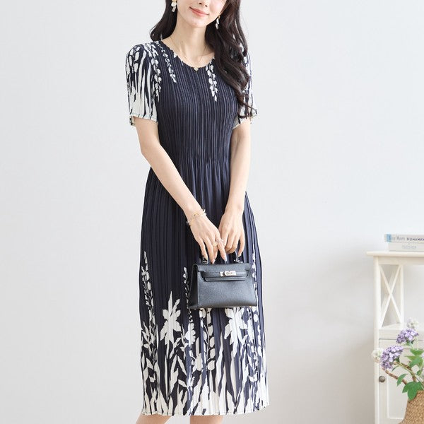 シック フローラル プリーツ ワンピース 半袖 花柄 総プリーツ 伸縮 ゆったり