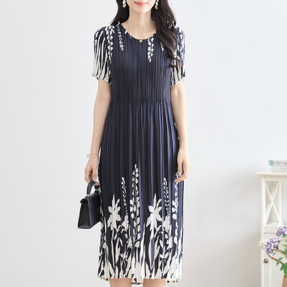 シック フローラル プリーツ ワンピース 半袖 花柄 総プリーツ 伸縮 ゆったり