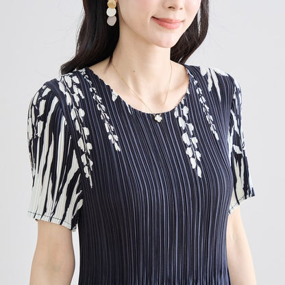 シック フローラル プリーツ ワンピース 半袖 花柄 総プリーツ 伸縮 ゆったり