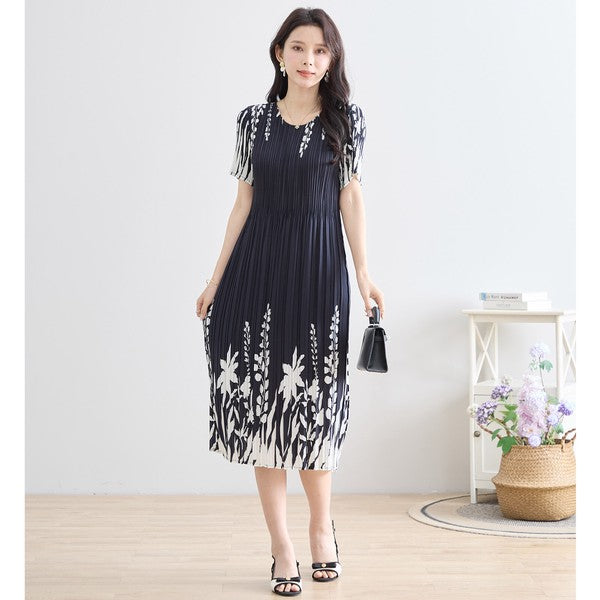 シック フローラル プリーツ ワンピース 半袖 花柄 総プリーツ 伸縮 ゆったり