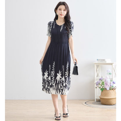 シック フローラル プリーツ ワンピース 半袖 花柄 総プリーツ 伸縮 ゆったり