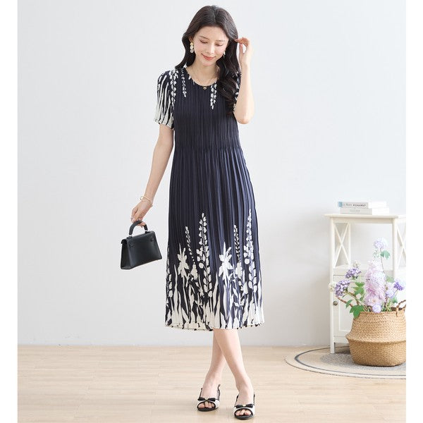 シック フローラル プリーツ ワンピース 半袖 花柄 総プリーツ 伸縮 ゆったり