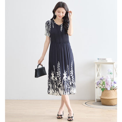 シック フローラル プリーツ ワンピース 半袖 花柄 総プリーツ 伸縮 ゆったり