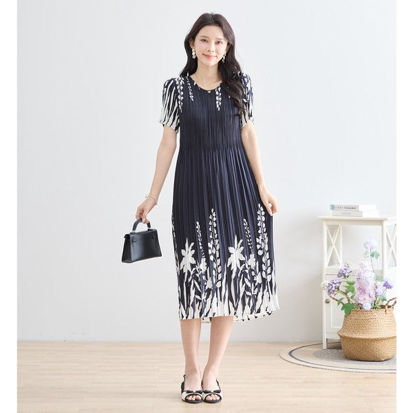 シック フローラル プリーツ ワンピース 半袖 花柄 総プリーツ 伸縮 ゆったり