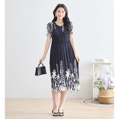 シック フローラル プリーツ ワンピース 半袖 花柄 総プリーツ 伸縮 ゆったり