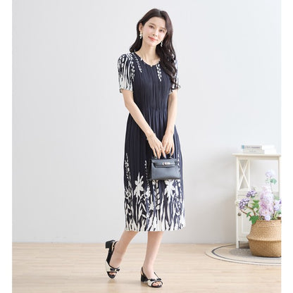 シック フローラル プリーツ ワンピース 半袖 花柄 総プリーツ 伸縮 ゆったり