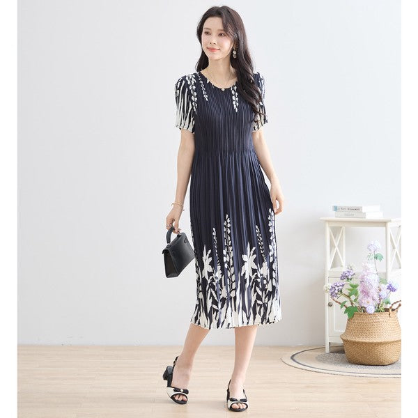 シック フローラル プリーツ ワンピース 半袖 花柄 総プリーツ 伸縮 ゆったり