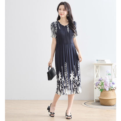 シック フローラル プリーツ ワンピース 半袖 花柄 総プリーツ 伸縮 ゆったり