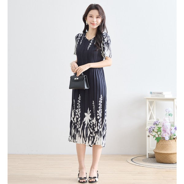 シック フローラル プリーツ ワンピース 半袖 花柄 総プリーツ 伸縮 ゆったり