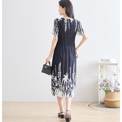 シック フローラル プリーツ ワンピース 半袖 花柄 総プリーツ 伸縮 ゆったり