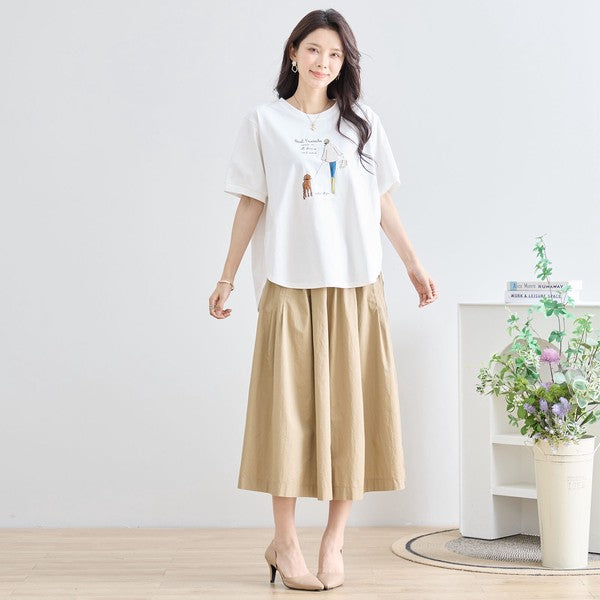 ガール＆ドッグ プリント Tシャツ 半袖 ラウンドヘム ゆったり 前後差 綿混 レーヨン 春 夏