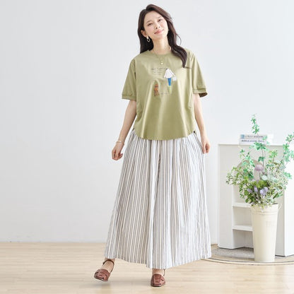ガール＆ドッグ プリント Tシャツ 半袖 ラウンドヘム ゆったり 前後差 綿混 レーヨン 春 夏
