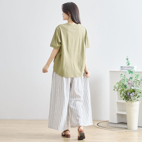 ガール＆ドッグ プリント Tシャツ 半袖 ラウンドヘム ゆったり 前後差 綿混 レーヨン 春 夏