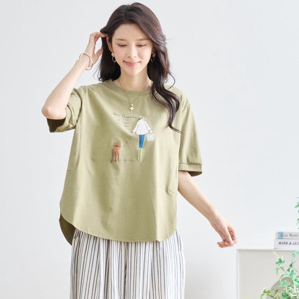 ガール＆ドッグ プリント Tシャツ 半袖 ラウンドヘム ゆったり 前後差 綿混 レーヨン 春 夏