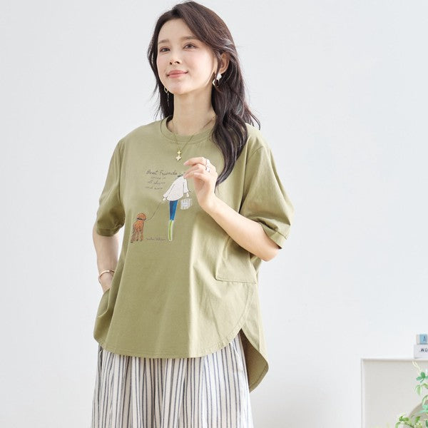 ガール＆ドッグ プリント Tシャツ 半袖 ラウンドヘム ゆったり 前後差 綿混 レーヨン 春 夏