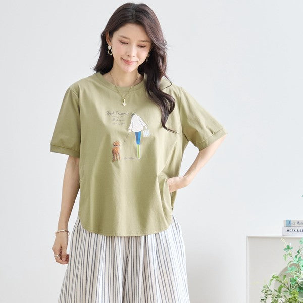 ガール＆ドッグ プリント Tシャツ 半袖 ラウンドヘム ゆったり 前後差 綿混 レーヨン 春 夏