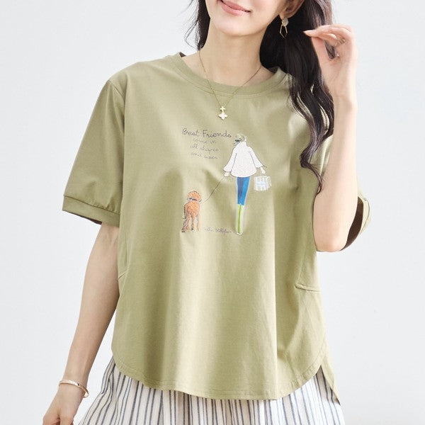 ガール＆ドッグ プリント Tシャツ 半袖 ラウンドヘム ゆったり 前後差 綿混 レーヨン 春 夏