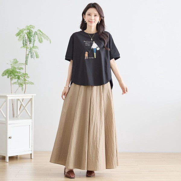 ガール＆ドッグ プリント Tシャツ 半袖 ラウンドヘム ゆったり 前後差 綿混 レーヨン 春 夏