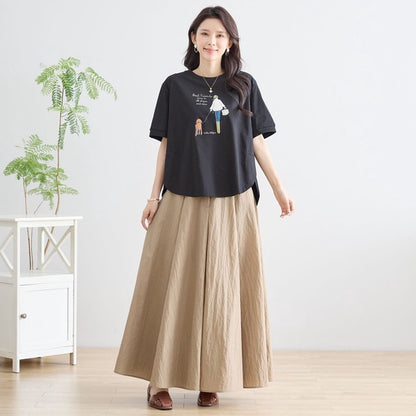 ガール＆ドッグ プリント Tシャツ 半袖 ラウンドヘム ゆったり 前後差 綿混 レーヨン 春 夏