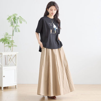 ガール＆ドッグ プリント Tシャツ 半袖 ラウンドヘム ゆったり 前後差 綿混 レーヨン 春 夏