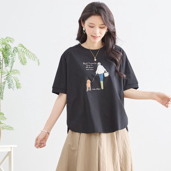 ガール＆ドッグ プリント Tシャツ 半袖 ラウンドヘム ゆったり 前後差 綿混 レーヨン 春 夏
