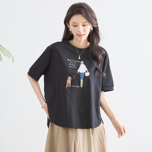 ガール＆ドッグ プリント Tシャツ 半袖 ラウンドヘム ゆったり 前後差 綿混 レーヨン 春 夏