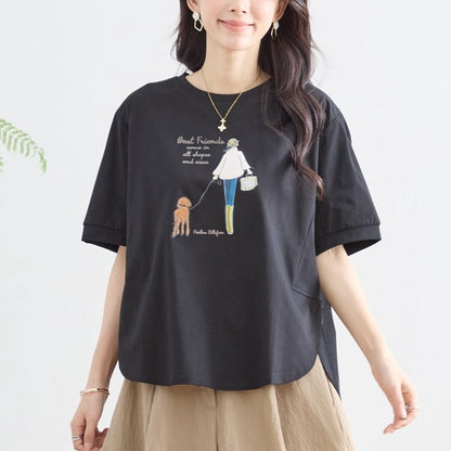 ガール＆ドッグ プリント Tシャツ 半袖 ラウンドヘム ゆったり 前後差 綿混 レーヨン 春 夏