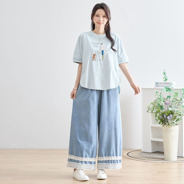 ガール＆ドッグ プリント Tシャツ 半袖 ラウンドヘム ゆったり 前後差 綿混 レーヨン 春 夏