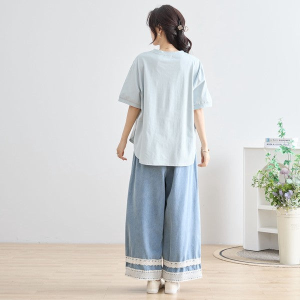 ガール＆ドッグ プリント Tシャツ 半袖 ラウンドヘム ゆったり 前後差 綿混 レーヨン 春 夏