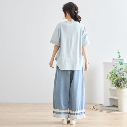 ガール＆ドッグ プリント Tシャツ 半袖 ラウンドヘム ゆったり 前後差 綿混 レーヨン 春 夏