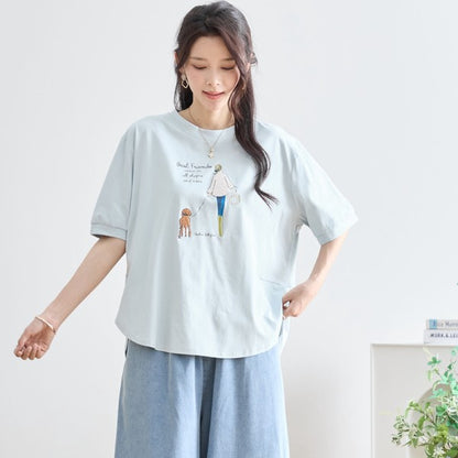 ガール＆ドッグ プリント Tシャツ 半袖 ラウンドヘム ゆったり 前後差 綿混 レーヨン 春 夏