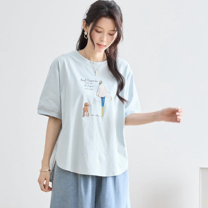 ガール＆ドッグ プリント Tシャツ 半袖 ラウンドヘム ゆったり 前後差 綿混 レーヨン 春 夏