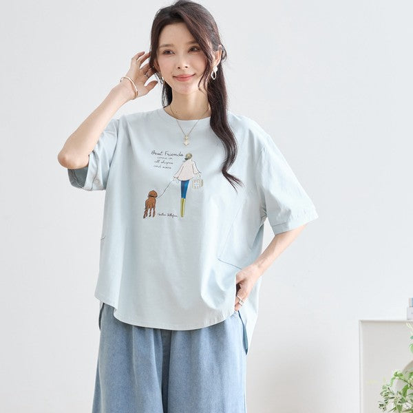 ガール＆ドッグ プリント Tシャツ 半袖 ラウンドヘム ゆったり 前後差 綿混 レーヨン 春 夏