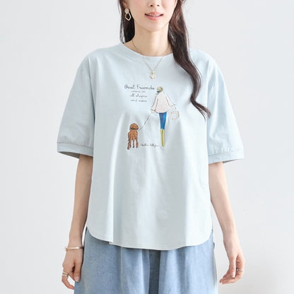 ガール＆ドッグ プリント Tシャツ 半袖 ラウンドヘム ゆったり 前後差 綿混 レーヨン 春 夏