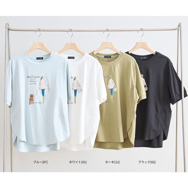 ガール＆ドッグ プリント Tシャツ 半袖 ラウンドヘム ゆったり 前後差 綿混 レーヨン 春 夏