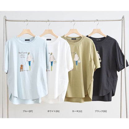 ガール＆ドッグ プリント Tシャツ 半袖 ラウンドヘム ゆったり 前後差 綿混 レーヨン 春 夏