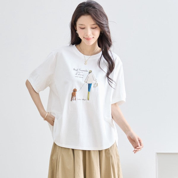 ガール＆ドッグ プリント Tシャツ 半袖 ラウンドヘム ゆったり 前後差 綿混 レーヨン 春 夏