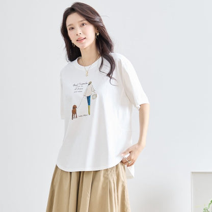 ガール＆ドッグ プリント Tシャツ 半袖 ラウンドヘム ゆったり 前後差 綿混 レーヨン 春 夏
