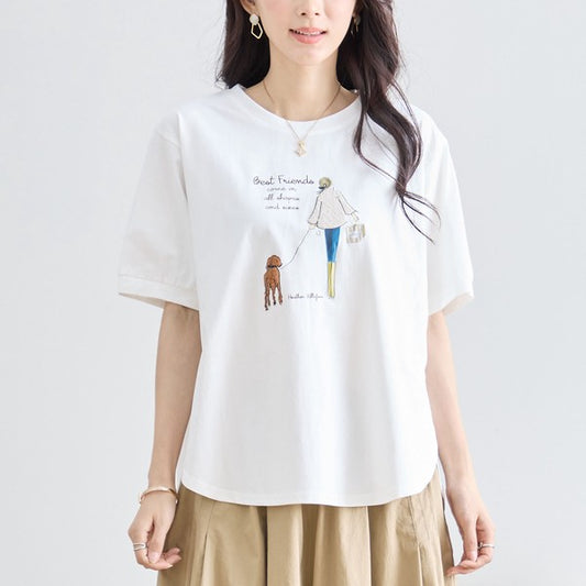 ガール＆ドッグ プリント Tシャツ 半袖 ラウンドヘム ゆったり 前後差 綿混 レーヨン 春 夏