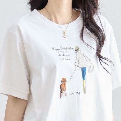 ガール＆ドッグ プリント Tシャツ 半袖 ラウンドヘム ゆったり 前後差 綿混 レーヨン 春 夏