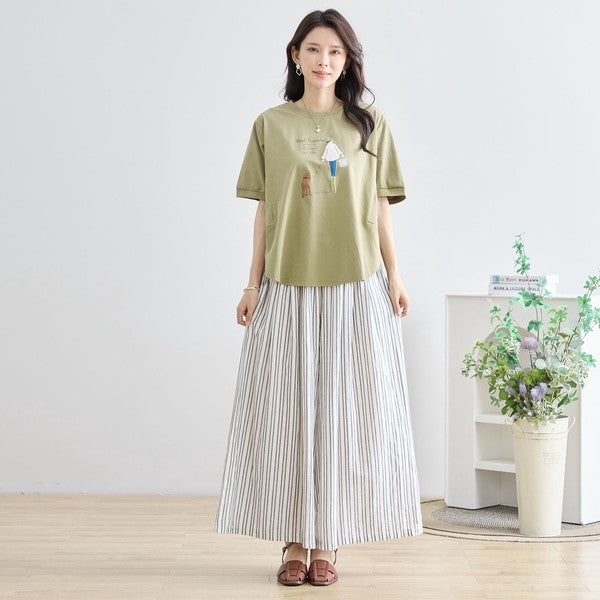 ガール＆ドッグ プリント Tシャツ 半袖 ラウンドヘム ゆったり 前後差 綿混 レーヨン 春 夏
