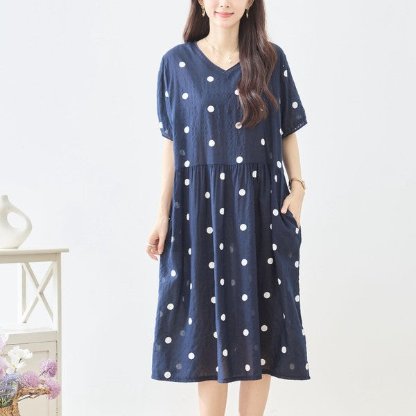 プリント Vネック コットン 半袖 ワンピース 綿100% ゆったり ロング M-L