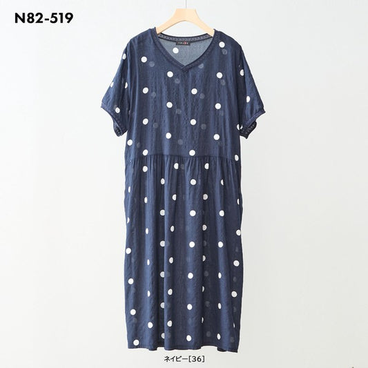 プリント Vネック コットン 半袖 ワンピース 綿100% ゆったり ロング M-L